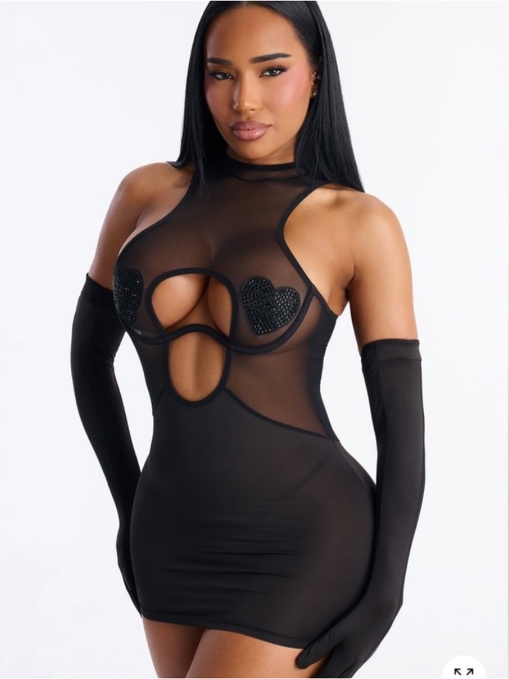 Sheer Cutout Black Mini Dress with Rhinestone Heart Pasties